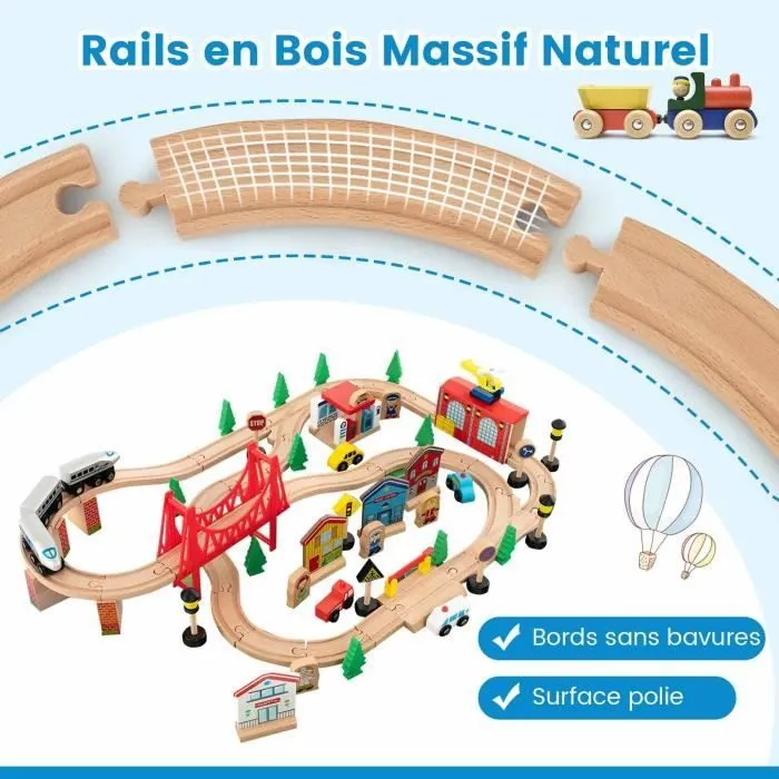 Bebeboutik COSTWAY Circuit Voiture Enfant 80 Accessoires avec Table Plateau Reversible 2 en 1 Train en Bois pour 3 Ans Multicolore