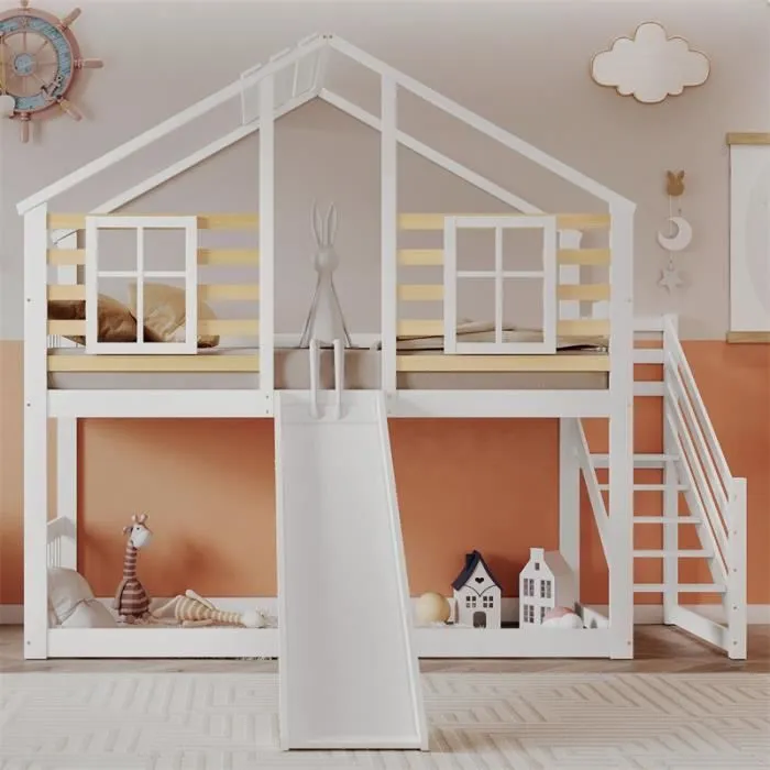 Lit superposé cabane 90x200cm bois avec toboggan et fenêtre - DREAMMESPACE - pour 2 enfants - barrière anti-chute-0