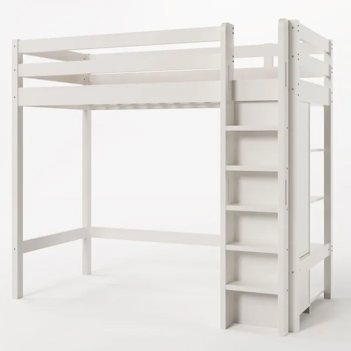 Lit mezzanine 90x200cm avec armoire, étagères, barrières anti-chutes et échelle, cadre en pin, blanc-2
