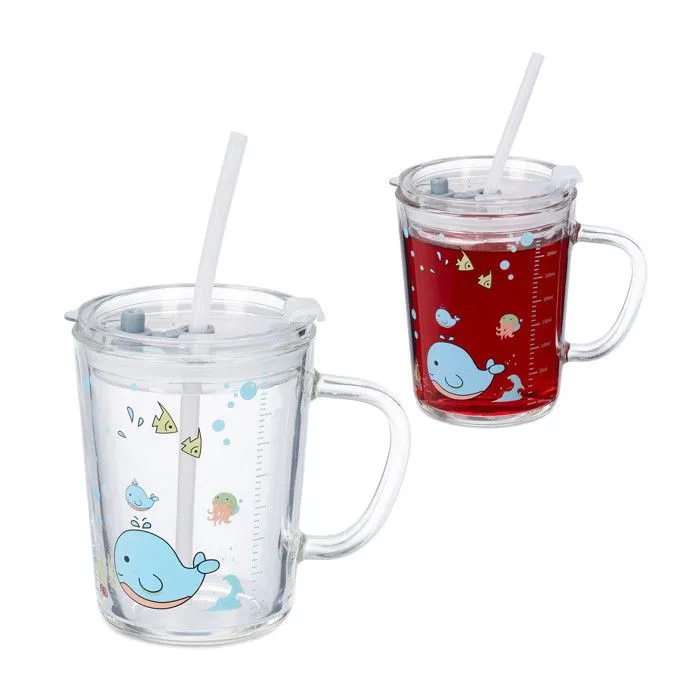 Relaxdays Verre pour enfant en lot de 2, motif de baleine, avec anse, couvercle et paille, 400 ml gradué, transparent-0