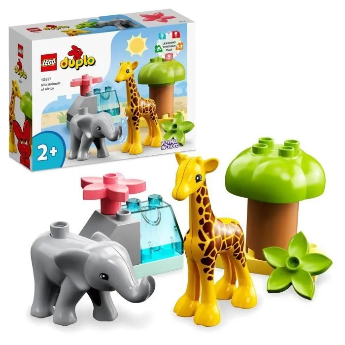 LEGO® 10971 DUPLO Animaux Sauvages d’Afrique, Jouet sur le Safari dès 2 Ans avec Figurines d'Éléphant et Girafe avec Tapis de Jeu-0