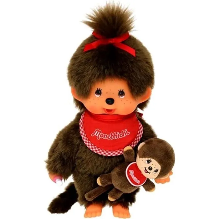 Poupée Monchhichi Fille avec Mini Monchi - SEKIGUCHI - 20 cm - Bavoir rouge-0