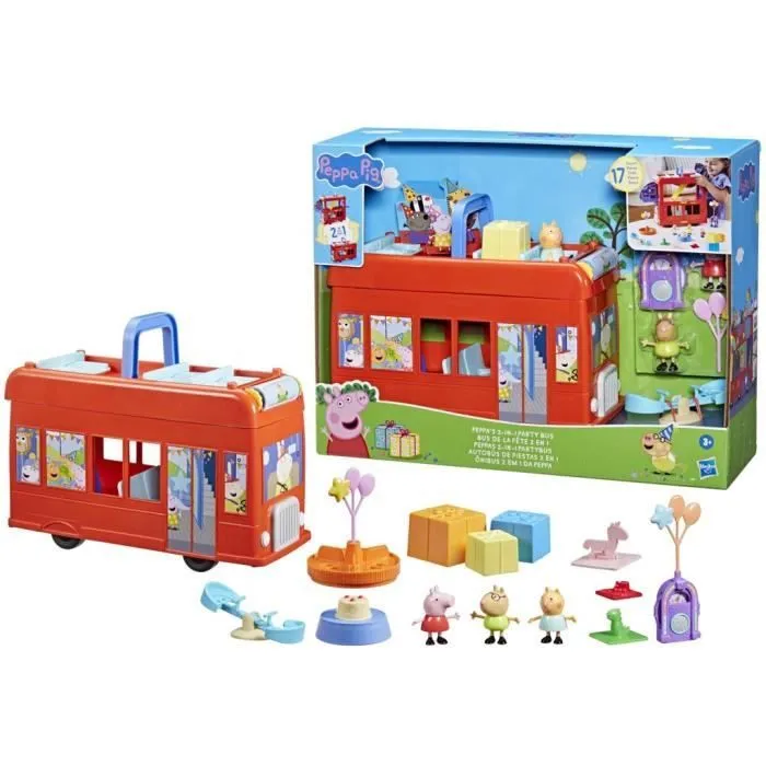 Peppa Pig, coffret Bus en fête 2 en 1 avec 3 figurines et 13 accessoires, jouets préscolaires pour filles et garçons, dès 3 ans-6