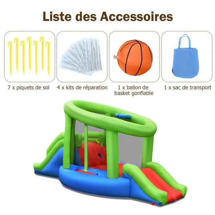 COSTWAY Château Gonflable Apparence de l'Escargot avec 2 Toboggans,Panier de Basket-ball,Mur d'Escalade avec Patchs de Réparation-3