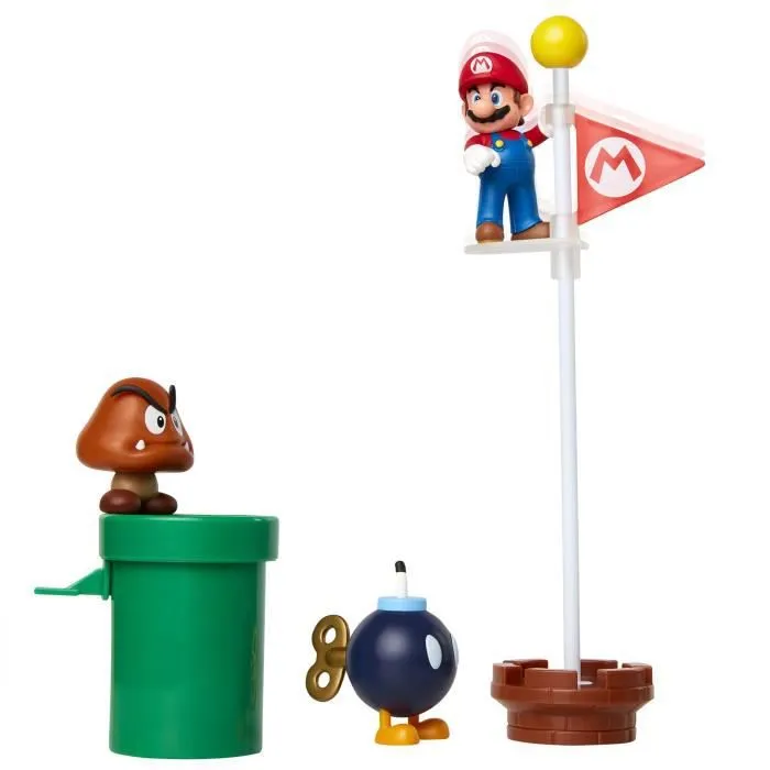 Coffret de 5 figurines MARIOBROS Thème Plaine du Grand Chêne - Mario, Goomba, bombe, drapeau inclus-2