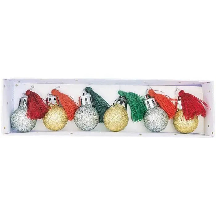 6 mini boules de Noël à paillettes et pompons rouge et vert-0
