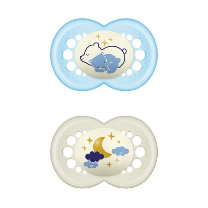 Mam - S166 - Sucette Original Night Tetine en latex pour bebes de 6 mois et plus Brille dans l'obscurite Bleu Lot de 2-1