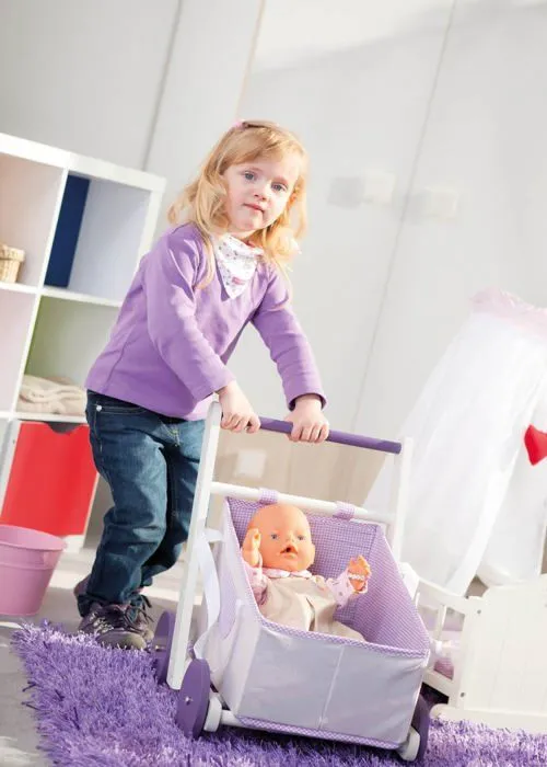 ROBA Poussette de poupée "Fienchen" en Bois et Tissu + Coussin et Couverture - Transformable en Nacelle - Lilas/Blanc-2