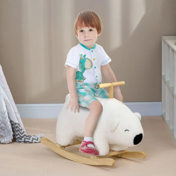 Cheval à bascule jouet à bascule modèle ours polaire fonction sonore poignée bois peuplier peluche douce blanc-1