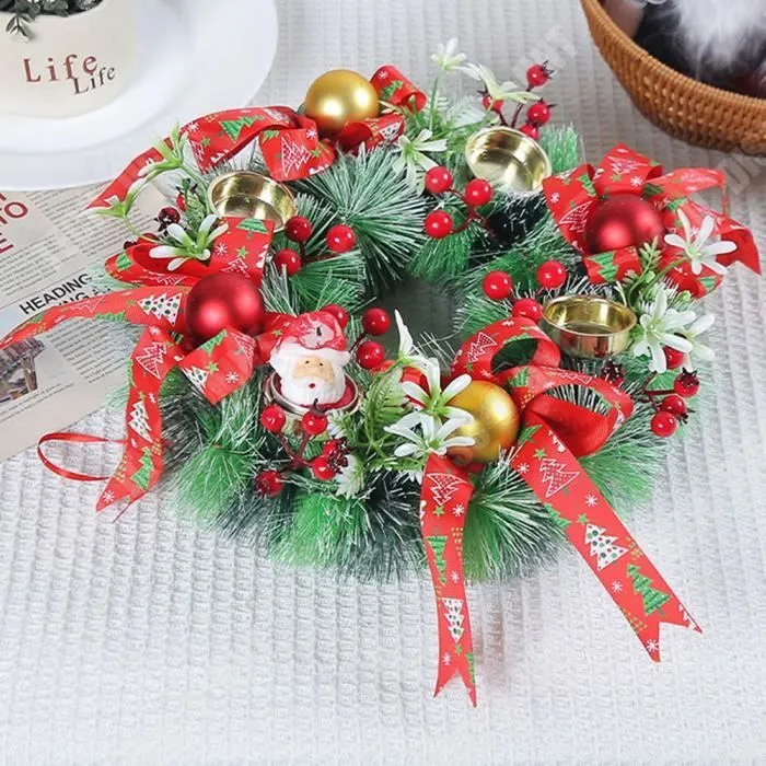 TD® Couronne de bougies de Noël 30*30CM Bougeoir design Simulation d'aiguilles de pin Décoration de bureau Couronne de Noël pour por-3