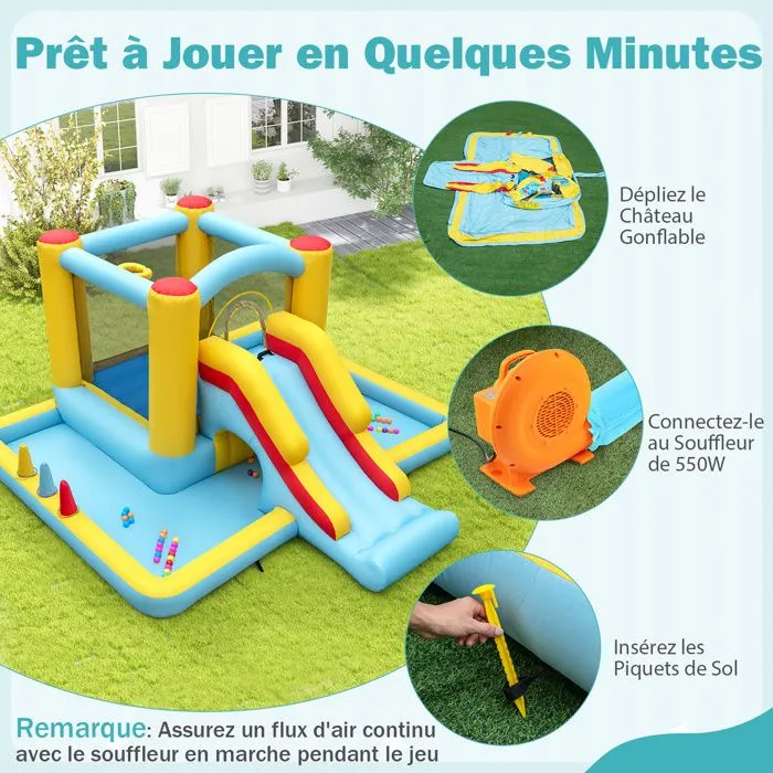 COSTWAY Château Gonflable 7 en 1 pour Enfants avec Toboggan, Tunnel, Panier de Basket, Jeu de Lancer d'Anneaux Souffleur Non Inclus-3