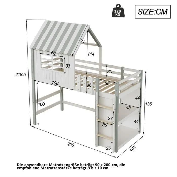 Lit mezzanine enfant90x200cm - forme toit avec échelle et rangement - DREAMMESPACE - Vert-3