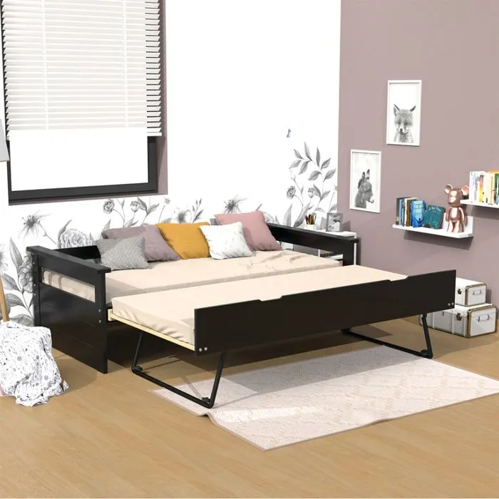 Lit gigogne banquette ALFONSO - DREAMEA - 90x190cm - A lattes - Noir - Avec tiroirs-0