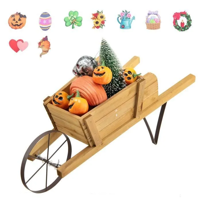 COSTWAY Brouette Décorative en Bois pour Plantes avec Roue Flexible,9 Accessoires Magnétiques, 2 Longues Poignées Jardin,Terrasse-0