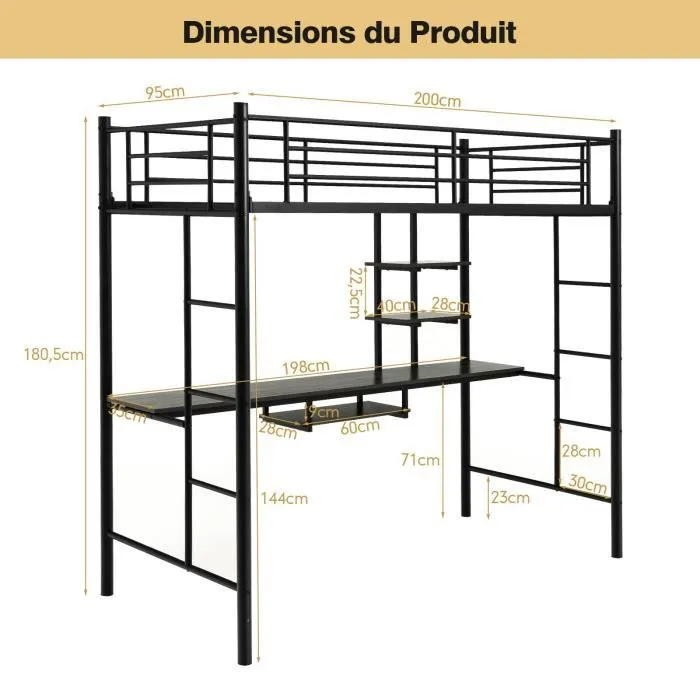 COSTWAY Lit Mezzanine en Métal avec Bureau, 90 x 190 CM, avec 2 Etagères, 2 Échelles, Garde-Corps sur Toute la Longueur, Noir-3