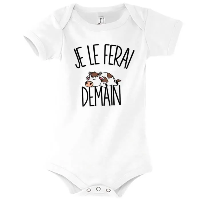 Body bébé Vache - Je le ferai Demain - 3-6 mois - Blanc - Mixte - Collection Animaux Humour-0