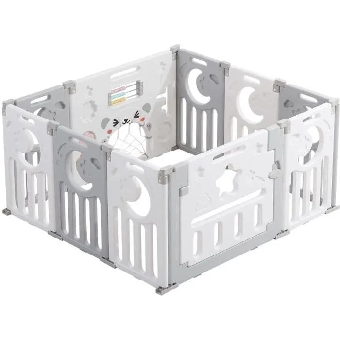 Parc Bébé Plastique Pliant 8+2 Panneaux d’Activité et Porte Barrière Sécurité Enfant Protection Intérieur Extérieur Gris Blanc-0