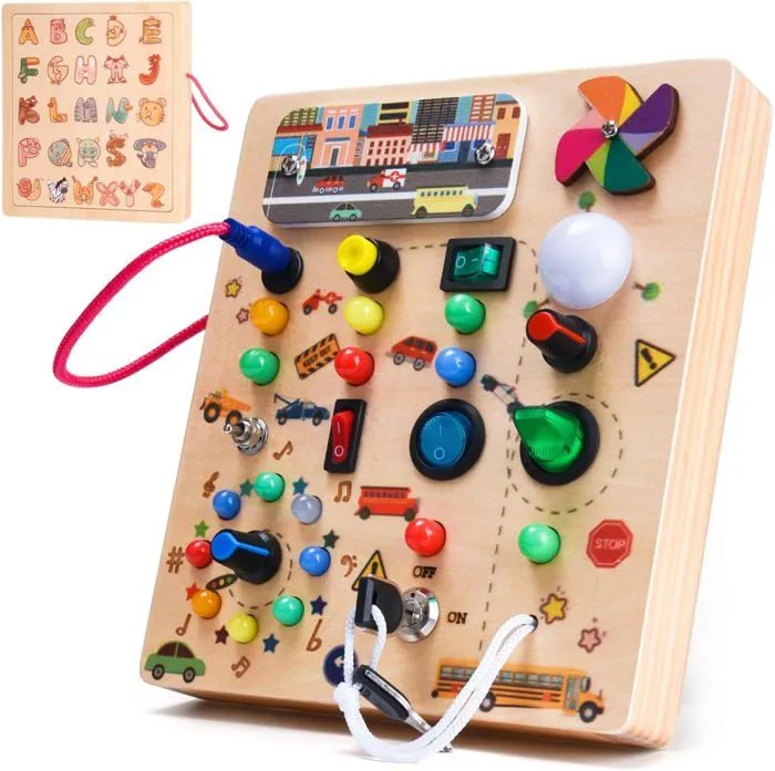 Busy Board en Bois, Planche Montessori pour Bébé 2 3 4 Ans, Activity Board avec 19 LED-0
