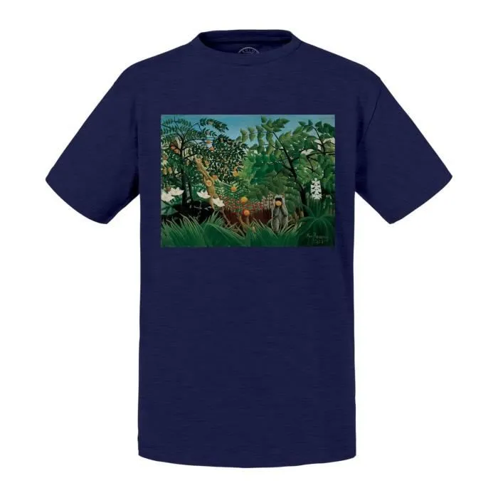 T-shirt Enfant Bleu Singes Jungle Tropicale Henri Rousseau Peinture Art Naif-0