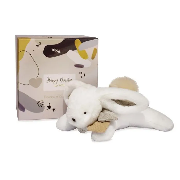 Doudou et Compagnie - Peluche Lapin -25 cm - Blanc/Sable - Lapin Pompon Naturel - Boîte Cadeau - Happy Wild - Happy Doudou To You-1