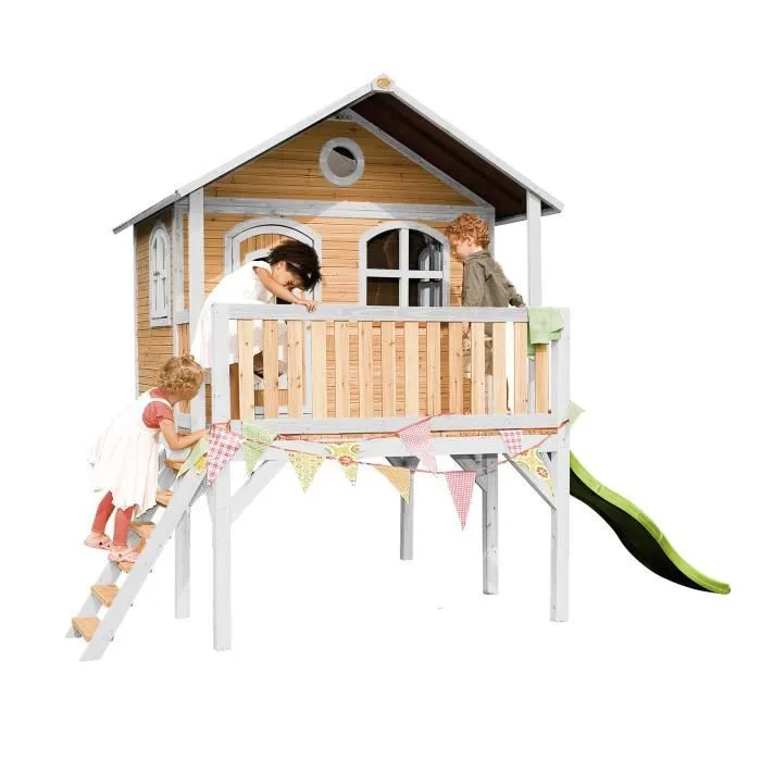 Maison Enfant AXI Sophie avec Toboggan - Vert Citron - Aire de Jeux Extérieur - Marron & Blanche-0