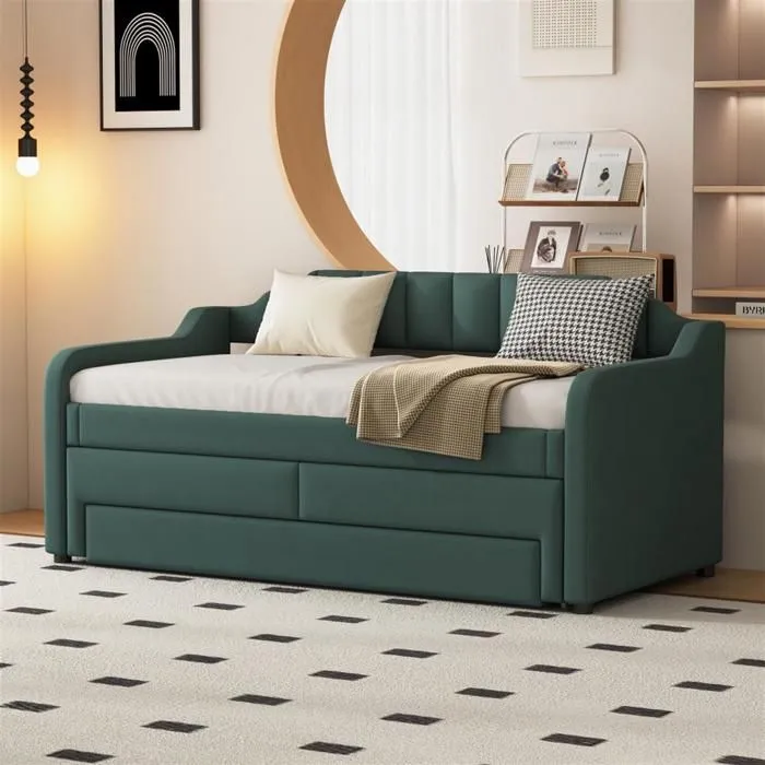 Lit de jour - Moderne - 90 x 200 cm - Vert - Lit gigogne avec tiroirs - 4 places-1