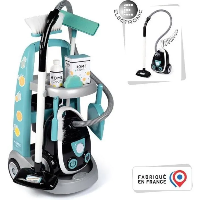 SMOBY - Chariot de ménage + aspirateur électronique avec bruit d'aspiration - 9 Accessoires - Piles Incluses - dès 3 ans-0