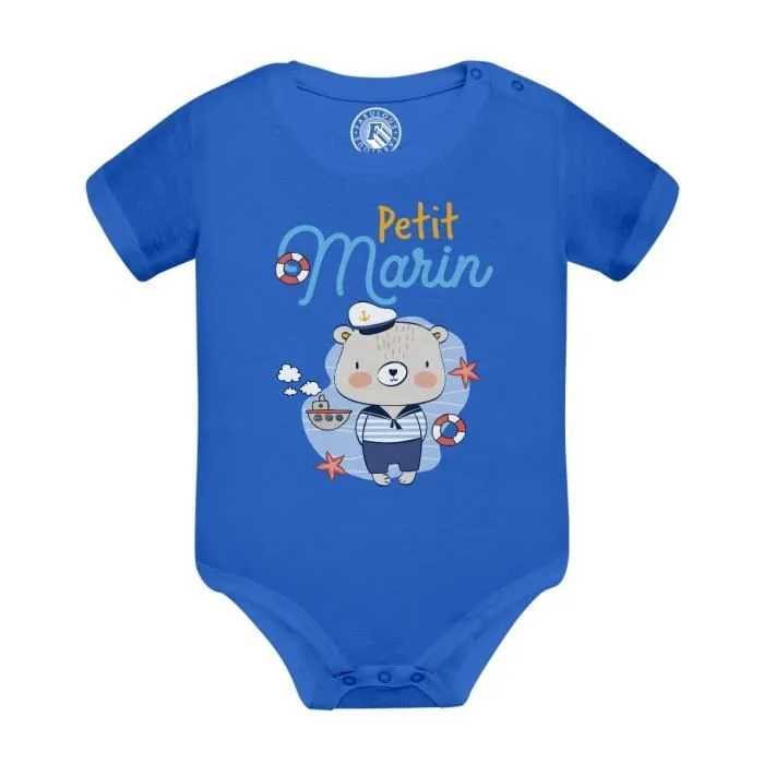 Body Bébé Manche Courte Bleu Petit Marin Dessin Illustration Bateau Mer-0