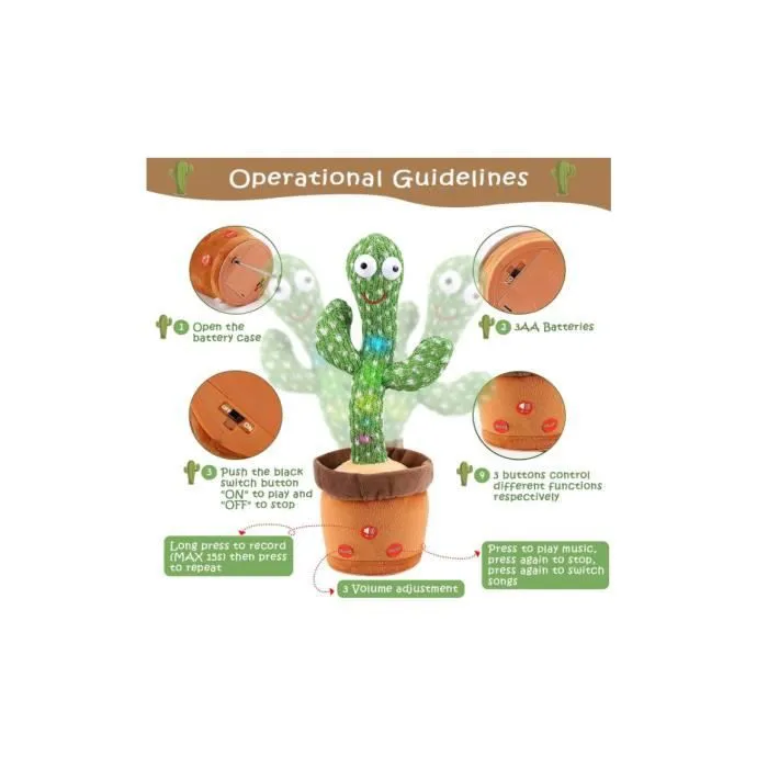 Jouet Cactus Peluche Dansant et Répétant - KAWAII - Cactus Qui Parle et Répète Ce Qu'on Dit - Vert et Marron-3