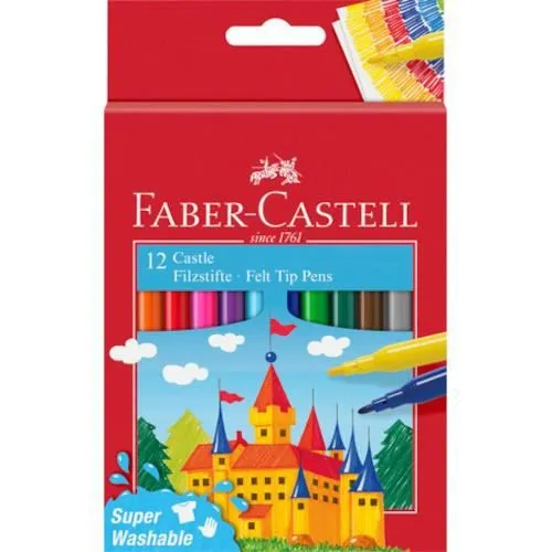 Stylos feutre - Faber Castell - Super Washable - 12 pcs - Pointe solide - Multicolore-0