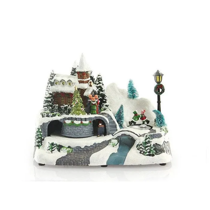 Village de noël animé avec traîneau et Père Noël - Multicolore - L 23,8 x H. 16,1 cm-0