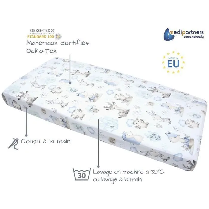Drap Housse pour Bébé Medi Partners Excellent pour un lit bébé, enfant, 100% coton, protège matelas, 60x120 cm, Cerf et Hérisson-1