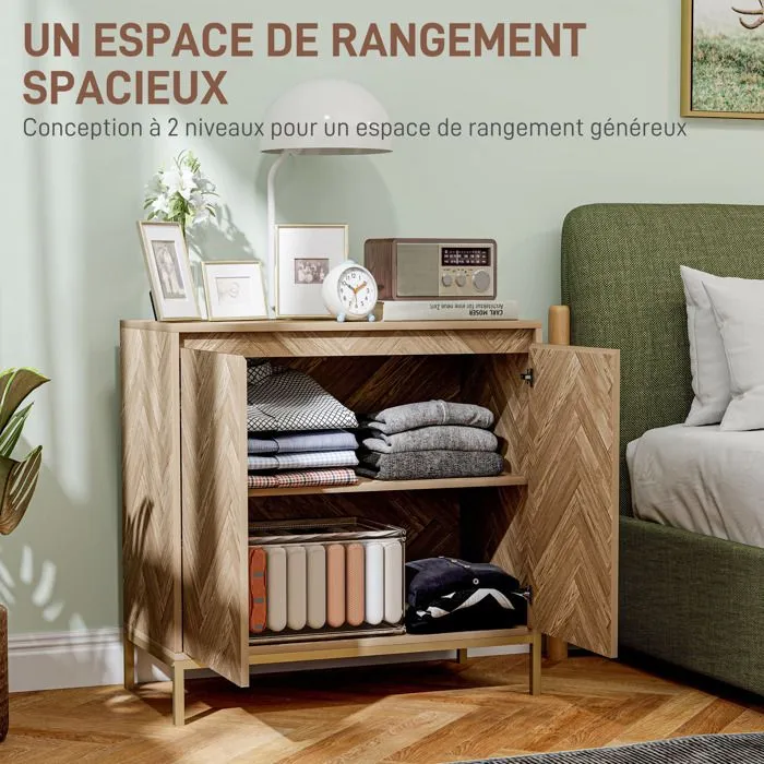 Meuble de rangement - HOMCOM - 2 portes à chevrons, étagère réglable et pieds en acier - dim. 78 x 40 x 78 cm - chêne-4