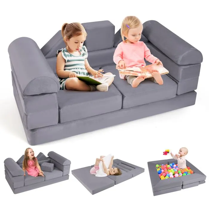 COSTWAY Canapé Bebe Modulaire pour 2 Enfants 9 Pièces, Convertible en Mousse, pour Grimper et Ramper, Tissu en Daim, Gris-0