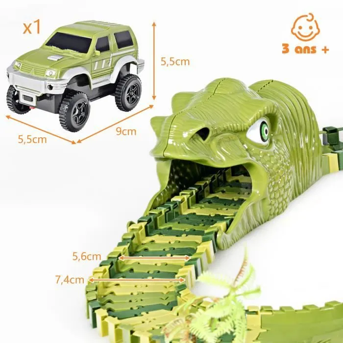DREAMADE Circuit Voiture Dinosaure Flexible, Piste de Voiture Verte avec 240 Pièces, Jouet Éducatif, Idéal pour Enfant de 3 Ans+-3