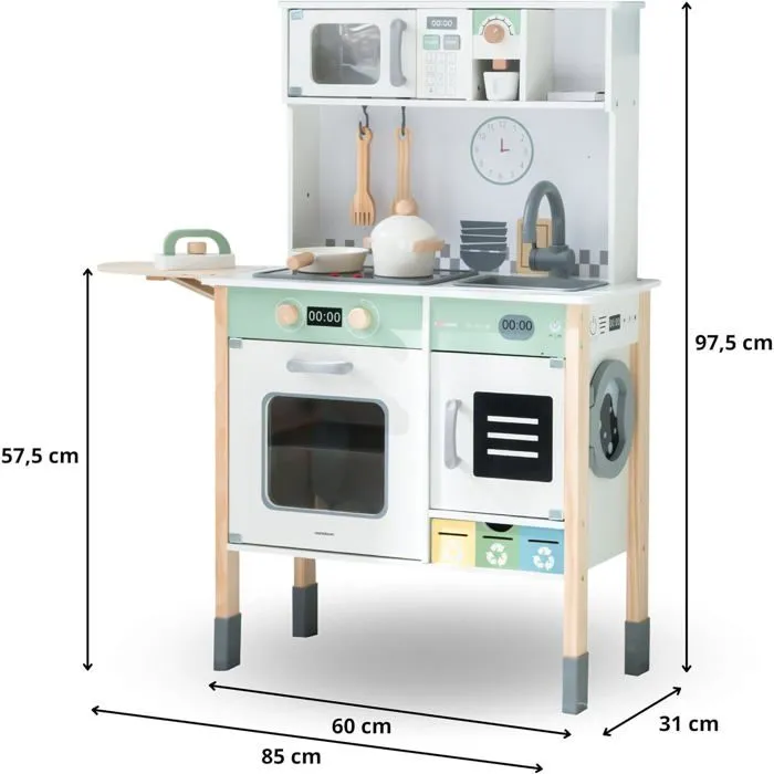 Mamabrum Cuisine Enfant Interactive en Bois 31x85x98cm- Lave-Linge, Lave-Vaisselle, Tableau, Accessoires- Sons& lumières-2