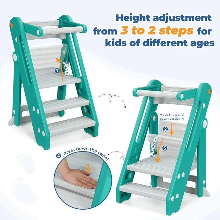 Tour d'observation Montessori Enfant, Marchepied pour Enfants réglable en Hauteur de 2 à 3 marches, Pliable, Sécurité, Vert-2