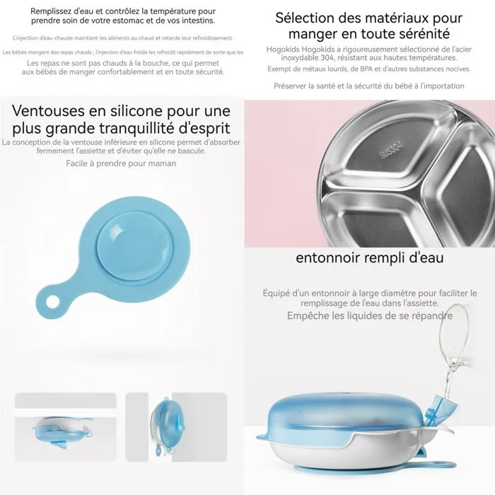 TD® Assiette chauffante bebe antidérapante eau chaude silicone 6 mois et plus enfant apprentissage alimentation bol compartiments-2