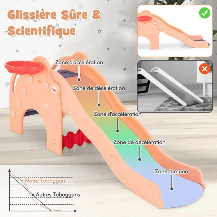 Toboggan 4 en 1 COSTWAY avec Panier de Basket, Ball, Escalade et pompe à ball - Jeu Intérieur-Extérieur Enfant dès 18 Mois Rose-3