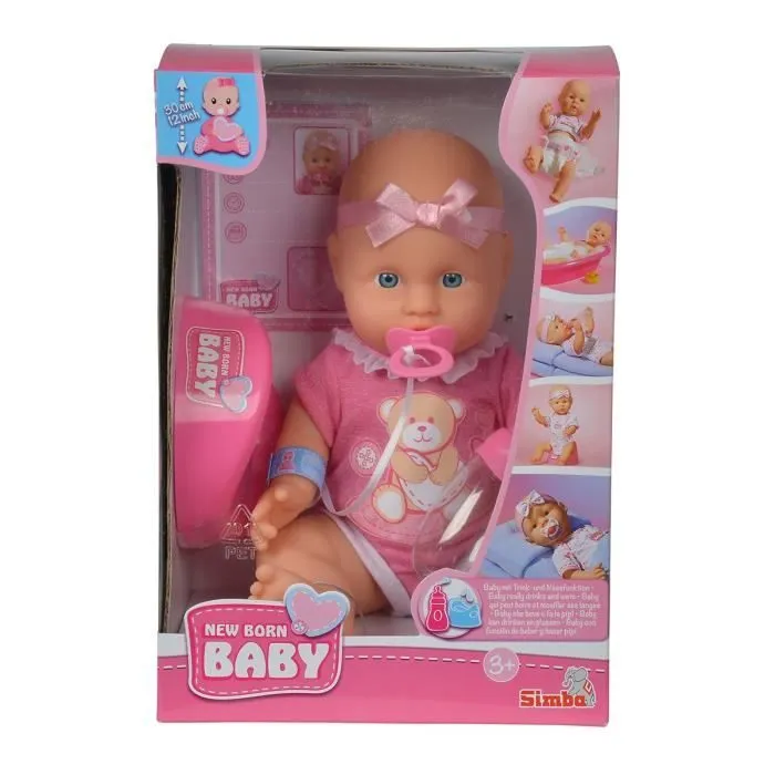 Simba - New Born Baby - Poupon 30 Cm - Boit son biberon et fait pipi - Accessoires inclus - Poupon baigneur - Dès 3 ans-1