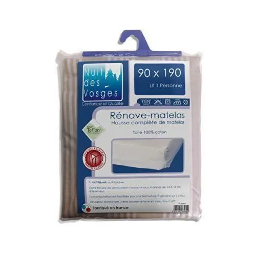 Rénove-matelas - Nuit des Vosges - Rubens - Coton Ecru Rayé Beige - 190 x 90 x 18 cm - Anti-tâche-0
