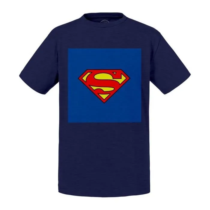 T-shirt Enfant Noir Superman Logo Bleu Comics Anime Super Hero Bande Dessinee-0