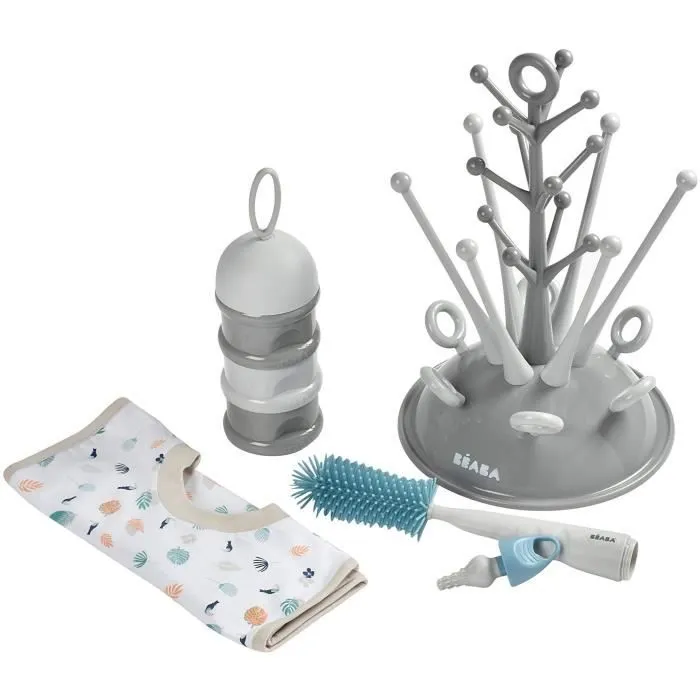 BEABA, Coffret naissance, Egoutte biberon arbre grey + Boite doseuses light/dark mist + Goupillon silicone + Bavoir coton tropical-1