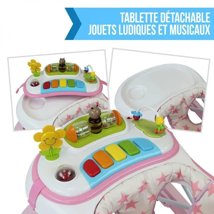Trotteur bébé évolutif musical pliable réglable en hauteur - Rose - Monsieur Bébé-3
