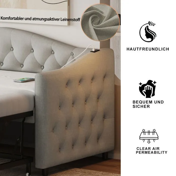 Canapé-lit extensible - Non spécifié - 90x200 cm - Port USB - Tissu lin - Gris-3