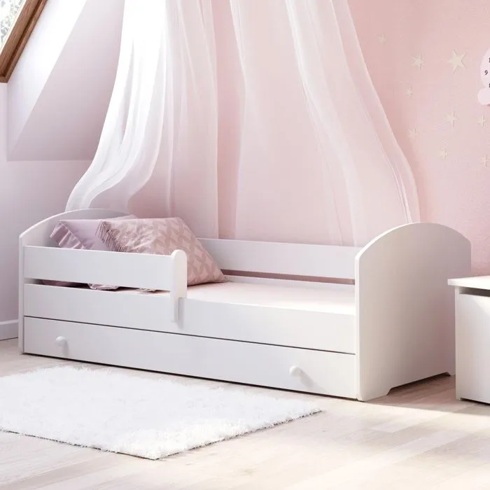 Lit enfant LUK 80x160 avec matelas sommier et tiroir, barrière de sécurité Blanc-1