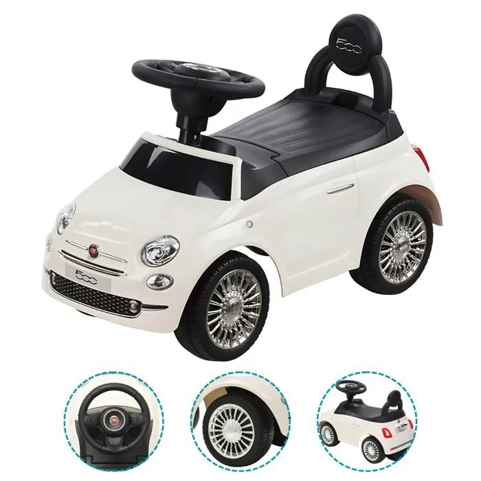 DEVESSPORT Porteur Enfant Fiat 500 Blanc, Licence Officielle, Volant Sons & Musique, Siège Coffre, Idéal 1-3 Ans-0