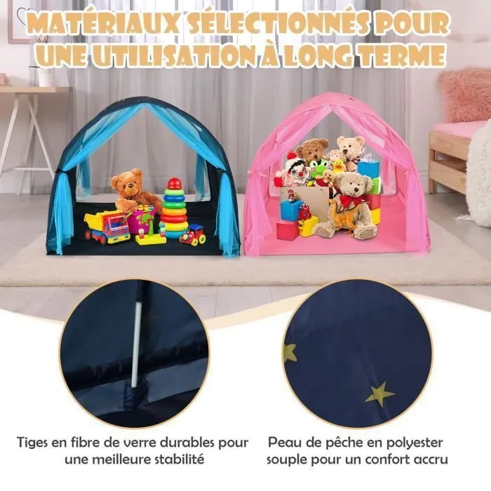 Tente de Jeu Enfants COSTWAY-Tente Tunnel Active-Fenêtre-Rideau à Double Filet-Poche de Stockage-Sac de Transport-144x102x82 CM-Bleu-2