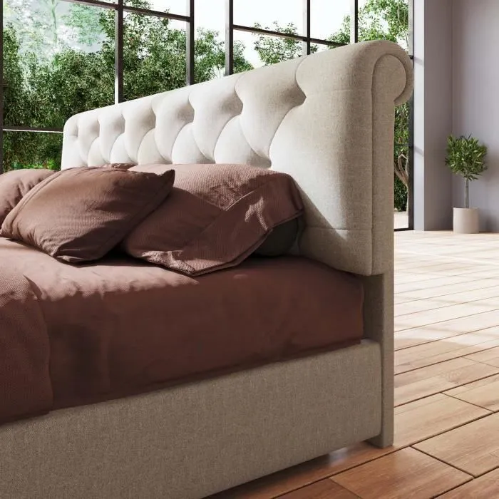Lit coffre 140x200cm, avec sommier à lattes métalliques, Cadre de lit moderne avec espace de rangement, sans matelas, beige-2