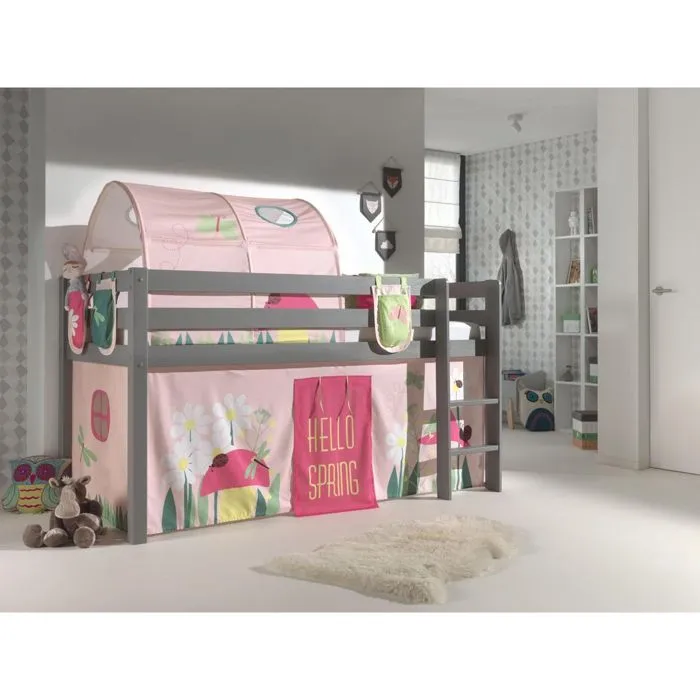 Lit mi-hauteur Charlotte en pin gris avec tente, tunnel et sacs de rangement Spring-2